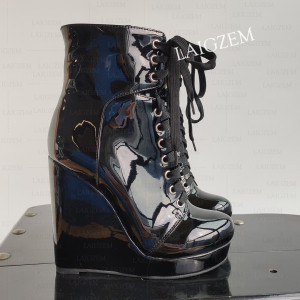 LAIGZEM Damen-Stiefeletten mit runder Spitze, Plattform, hoher Absatz, Keilabsatz, glänzende Schnürung, kurze Stiefeletten, handgefertigte Schuhe für