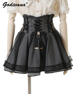Godivana Japanische Liz Neue Sommer Spitze Rand Leder Ring Hohe Taille Falten Rock Band Bogen Alle-spiel Kurze Röcke Große bogen Lolita Blusen