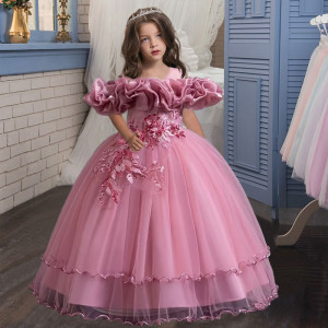 KLFLGD Neues elegantes Mädchen-Partykleid, langes Hochzeits-Brautjungfernkleid, 4–13 Jahre alt, mit Netz bestickt, Abschlussball-Abendkleid