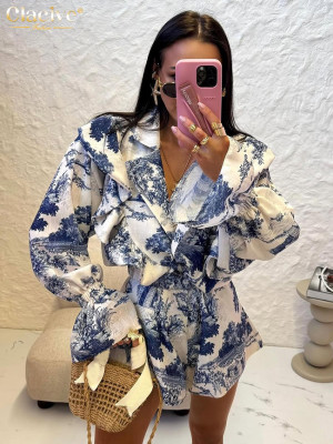 Clacive Mode Lose Druck frauen Zwei Stücke Set Elegante Langarm Rüschen Hemd Mit Hoher Taille Shorts Set Weibliche Streetwear