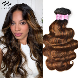 Unice Hair Brown Highlight Body Wave Echthaar-Bündel, 1/3/4 Stück, 100 % Echthaar, Balayage, gefärbte Bündel zum Einnähen