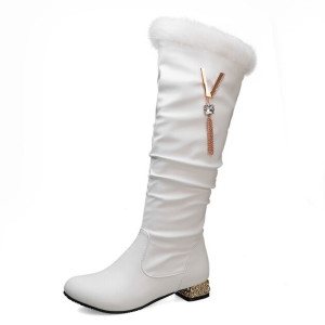 BeckyWalk Winter Frauen Stiefel Weiß Faux Pelz Kniehohe Stiefel Strass Benutzerdefinierte Lange Stiefel Low Heels Botas Mujer Warme Frauen Schuhe