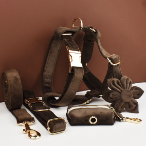 NONE Dunkelbraunes Samt-Hundehalsband und Leinen-Set für Hunde, individuell graviertes Namensschild, Heimtierbedarf, Hundeleine, Samt11