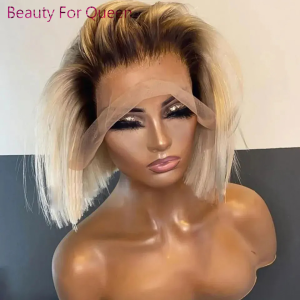 NONE Ombre Blonde Kurze Bob Perücke Spitze Front Echthaar Perücken Für Frauen Gerade 180% Dichte Dunkle Wurzeln Glueless 13x6 Spitze Frontal Perücke