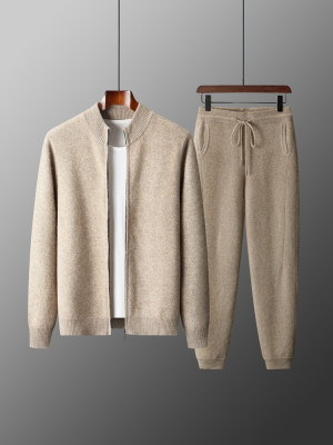 RUINAXIA Zweiteiliger Anzug aus 100 % Merinowolle für Herren, Herbst-Winter, Strick-Strickjacke mit Reißverschluss und Slim-Fit-Hose, warme, verdickte