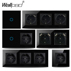 Wallpad Touch Licht Schalter Mit EU USB Rollenmaschinenlinie Typc Doppel Triple Wand Steckdosen Schwarz Led Schalter Kristall Dunkle