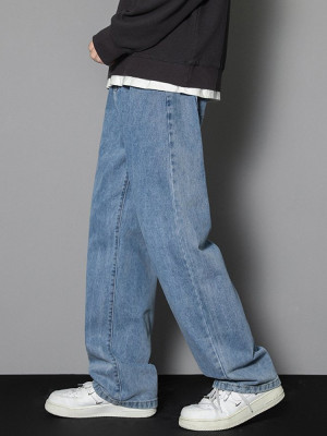 2026 Neue Koreanische Herren Casual Lange Jeans Klassische Gerade Denim-Hose mit Weitem Bein Einfarbig Hellblau Grau Schwarz