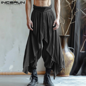 2024 INCERUN Männer Einfarbig Lange Harem Hose Kausalen Feste Hosen Rüschen Pantalons Amerikanischen Stil, Mode, Oversize Streetwear