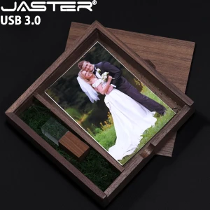 JASTER USB 3.0-Flash-Laufwerk, Kristall-Nussbaumholzkiste, Stiftlaufwerk, kostenloses individuelles Logo, Memory Stick, Fotografie, Hochzeitsgeschenk,