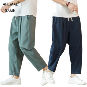 ANIMAL GAME Neue Baumwolle Leinen Herren Hosen Casual Einfarbig Atmungsaktive Streetwear Lose Gerade Kordelzug Baggy Leichte Sport Hosen