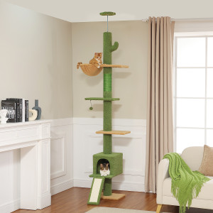 PEQULTI Kaktus-Kratzbaum vom Boden bis zur Decke, Katzenturm mit Sisal-Kratzbaum, bequeme Hängematte für mehrere Katzenhäuser, Katzenzubehör