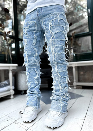 NONE Herren Regular Fit Stacked Jeans Ripped Slim Fit Patch Distressed Destroyed Straight Denim Hosen Hip Hop Streetwear Hosenstoff