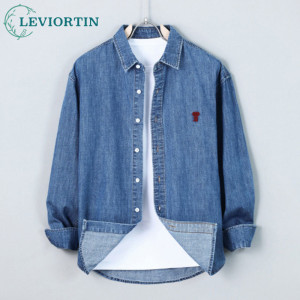 leviortin Herren Frühling und Herbst Neue Casual Einfache Stickerei Hübsche Mode Lose und Vielseitige Kragen Denim Langarm Hemd