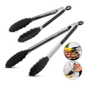 NONE 9-Zoll-Silikon-Lebensmittelzange Grill Edelstahl Lebensmittelqualität Silikonspitze Rutschfeste Lebensmittelzange BBQ-Zange Küchenutensilien