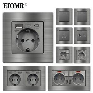 EIOMR F6-Serie, grauer Aluminiumlegierungs-Panel-Lichtschalter, EU-Elektro-86-mm-Einzelsteckdose, 146-mm-Doppelsteckdose, USB-Wand-TV-Buchse