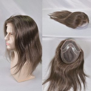 eseewigs Langes Haar Herren Toupet Haarteil für Männer 12 Zoll Echthaar Ersatzsystem Haaraufsatz für Männer 17 #   Mono-Netz mit PU umgibt