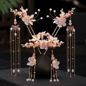 GETNOIVAS Chinesische Hanfu Haar Stick Haarnadel Ohrringe Haar Zubehör Set Lange Fransen Vintage Haarnadel Blume Handgemachte Hochzeit Haar Schmuck