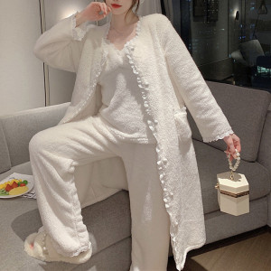 YZYOUTHZING Frauen Verdicken Warme Flanell Nachtwäsche Winter Korallen Fleece 3PCS Pyjamas Nachtwäsche Set Lange Bademantel Elegante Lose Homewear