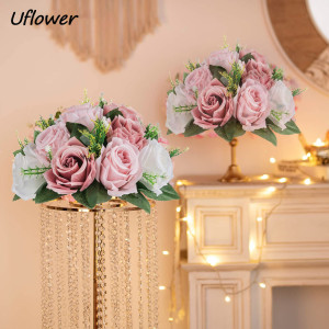 Uflower 1PC Künstliche Blume Ball Kunststoff Grüne Basis Seide Tuch Tisch Mittelstücke Für Hochzeit Decor Party Straße Führen Blumensträuße