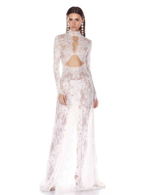 house of beauty Neue Sexy O Neck Spitze Cut Out Design Langes Kleid Frauen Weiße Spitze Langarm Hohe Split Dünne Kleider Abend Party Hochzeit kleider
