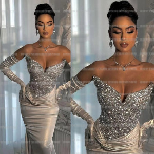 Luxuriöse Damen-Abendkleider mit Pailletten, Meerjungfrau, V-Ausschnitt, sexy, glattes Satin, ärmellose Ballkleider, individuell gestaltet, ohne