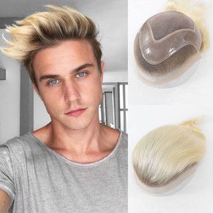 Bfirehair Ombre Blonde Lace Front Toupet für Männer Echthaar unsichtbares Haarteil # 4T613 Blonde männliche Perücke, Kapillarprothesenhaar für Herren