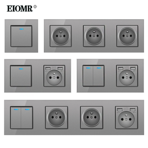 EIOMR Französisch Standard Wand Schalter Steckdose Grau Kristall Glas Panel mit USB 16A 220V Erdung Buchse Kind Schutz tür