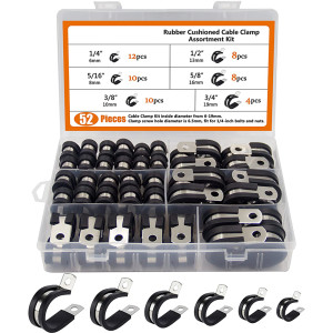NONE 52-teiliges Kabelklemmen-Sortiment-Set, 304 Edelstahl-Gummi-Kissen-Rohrschellen in 6 Größen, 1/4 Zoll, 5/16 Zoll, 3/8 Zoll, 1/2 Zoll, 5/8 Zoll,