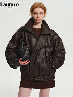 Lautaro Frühling Herbst Kühle Braun Übergroße Pu Leder Jacke Frauen Langarm Zip Up Luxus Designer Amerikanische Retro Kleidung