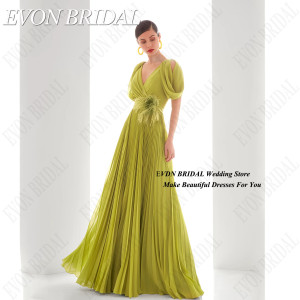 EVON BRIDAL Evon Braut lange Chiffon Party Abendkleid V-Ausschnitt A-Linie Falte formelle Gelegenheit Kleid rücken frei einfache Roben de Soirée