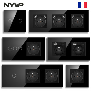 NYWP Touch-Lichtschalter Französische Steckdosen USB-C Telefonladegerät Kristallglas 1/2/3-fach Wandschalter Doppelsteckdosen Schwarz