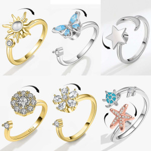 SMJEL Sonnenblumen rotierender Angstring für Frauen Spinner Fidgets verstellbare offene Ringe niedliche Tier Schmetterling Schildkröte Bague Anti