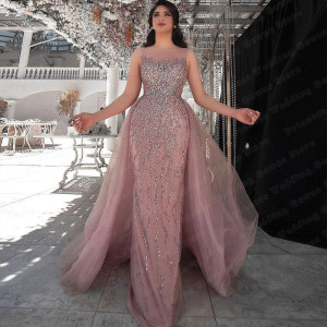 rose novias Maßgeschneiderte Dubai Luxus rosa Tüll formale Hochzeit Abendkleider für Frau ärmellose abnehmbare Schleppe Glitzer langes Abendkleid