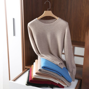 NONE Damen-Pullover mit schlankem O-Ausschnitt, Kaschmir-Wollmischungspullover, Herbst und Winter, langärmeliges Strick-Bottom-Shirt, große Größe 2024