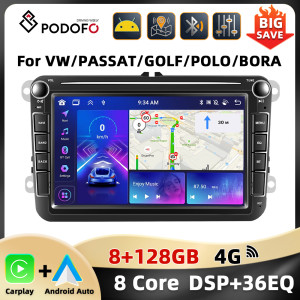 Podofo 8+128G 2Din Car Radio For VW/SAGITAR/JATTA/PASSAT/GOLF 8Core GPS Carplay Android Auto WIFI 4G AI Voice FM BT Car Stereo
