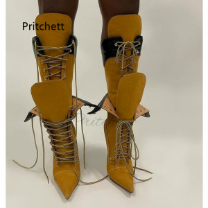Pritchett Gelbe Wildleder-Patchwork-Stiefel mit hohem Absatz für Damen, spitzer Zehenbereich, Stiletto-Absatz, sexy kniehohe Damenstiefel,
