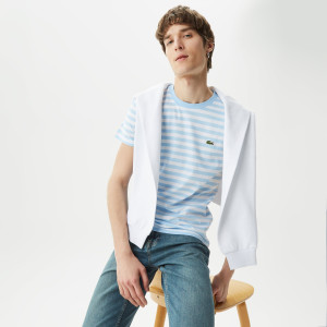 Męski niebieski t-shirt w paski z okrągłym dekoltem slim
fit