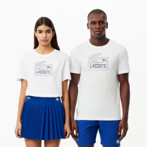 Męski biały t-shirt Lacoste Roland Garros o kroju regular fit z nadrukiem przy dekolcie