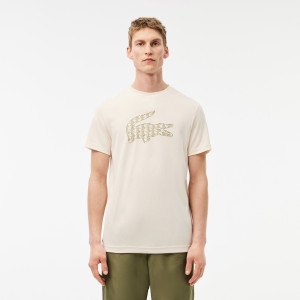 T-shirt męski z okrągłym dekoltem z nadrukiem relaxed fit beżowy