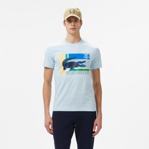 T-shirt męski z okrągłym dekoltem z nadrukiem jasnoniebieski