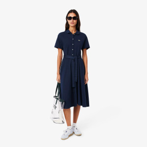 Sukienka damska z kołnierzykiem polo z krótkim rękawem flare fit granatowa