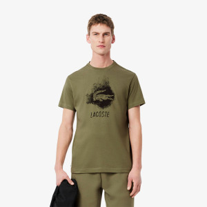 T-shirt męski z okrągłym dekoltem z nadrukiem regular fit khaki
