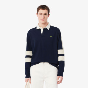 Koszulka rugby męska z kołnierzykiem polo z długim rękawem z blokadą koloru classic fit granatowa