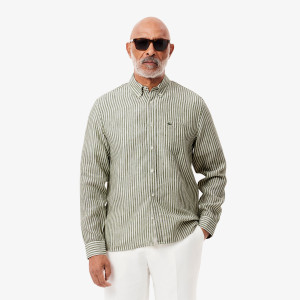 Lniana koszula męska button-down w paski regular fit khaki