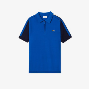Sweter męski z krótkim rękawem half zip z blokadą koloru niebieski