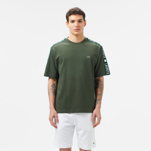 T-shirt męski z okrągłym dekoltem z nadrukiem relaxed fit ciemnozielony