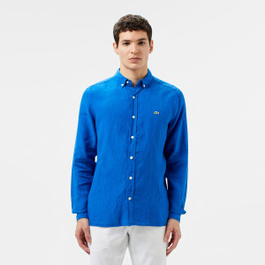 Lniana koszula męska button-down regular fit niebieska