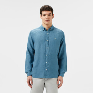 Lniana koszula męska button-down regular fit niebieska