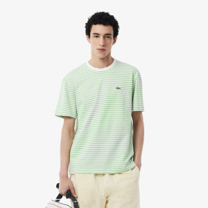 T-shirt męski z okrągłym dekoltem w paski classic fit jasnozielony