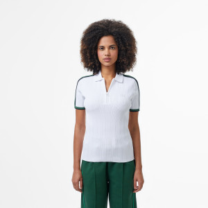 Sweter damski z krótkim rękawem half zip slim fit biały